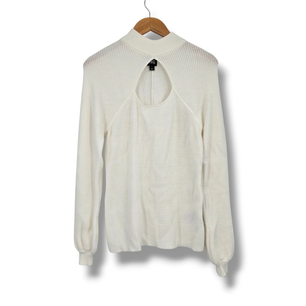 INC International Concepts Women Washed White Mock Neck Keyhole Sweater Large